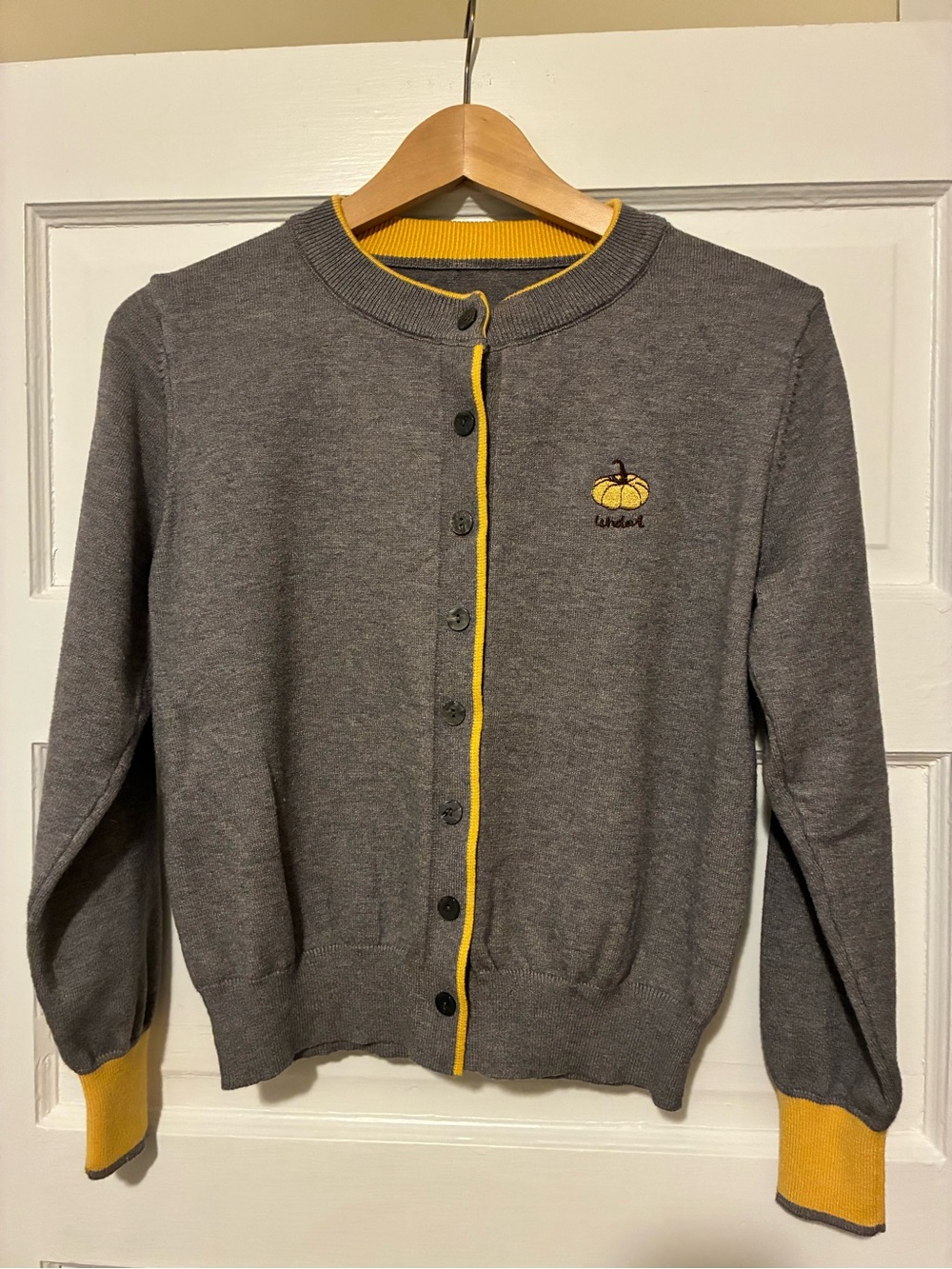 Gray Cardigan with Marigold Trim and Pumpkin Embroidery